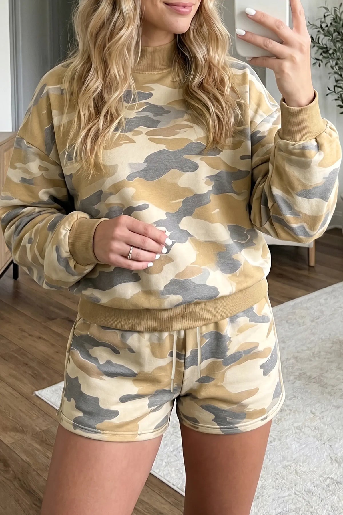 Camouflage Print Long Sleeve Top Drawstring Shorts Set