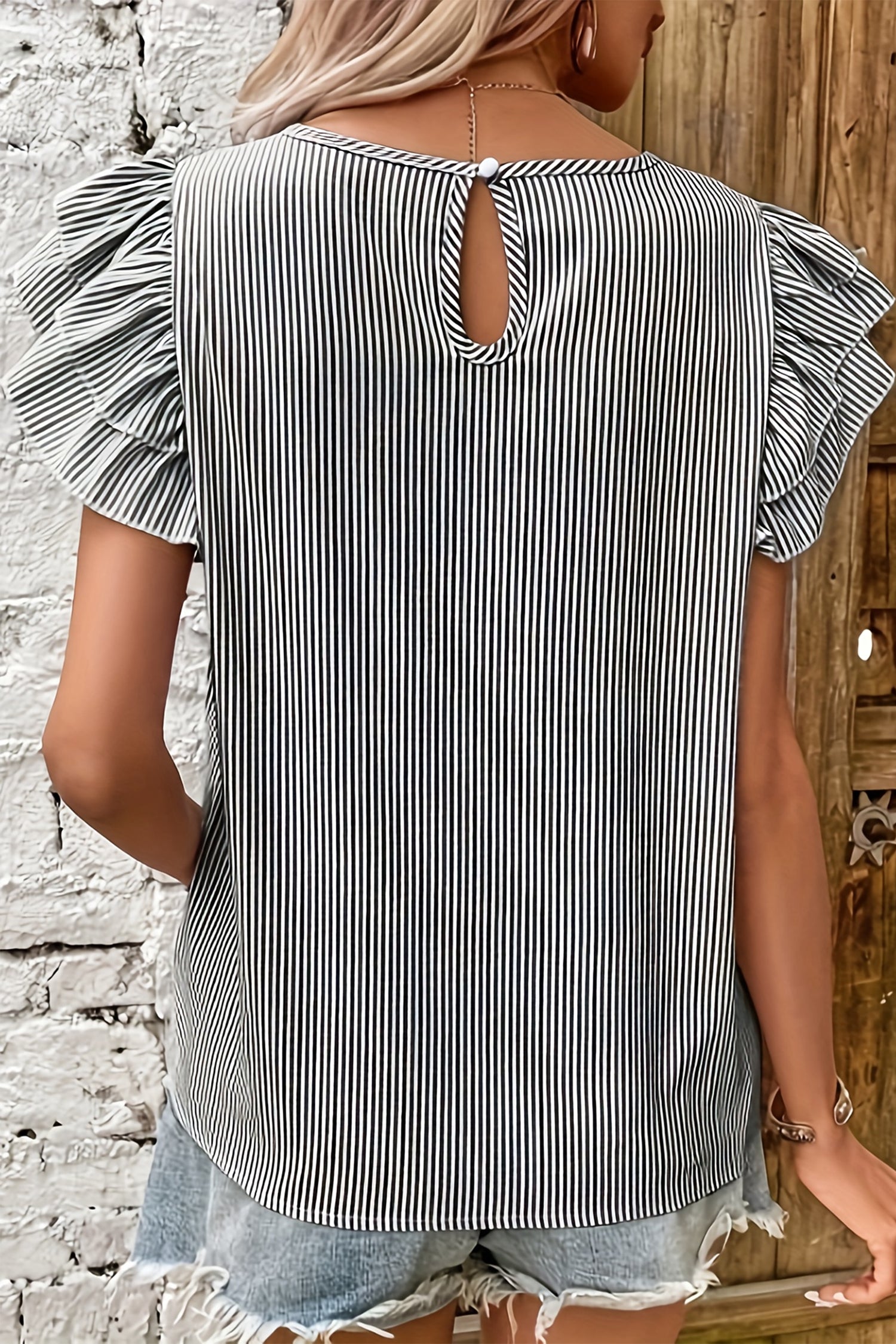 Striped Ruffle Sleeve Short Sleeve Round Neck Casual Shift Blouse – Black Stripe