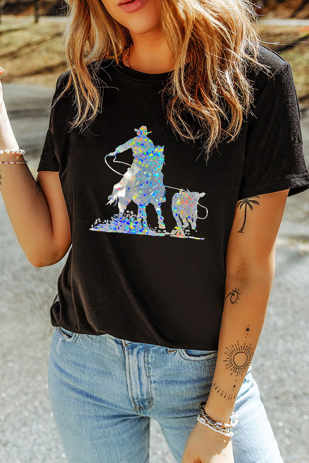Black Western Cowboy Transfer Vinyl Process Graphic Crewneck Tee