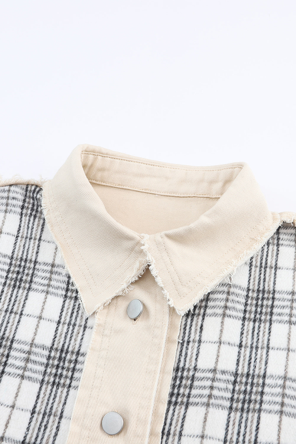 Khaki Distressed Raw Edge Plaid Patchwork Denim Jacket Beagle Boutique Fashion Outlet