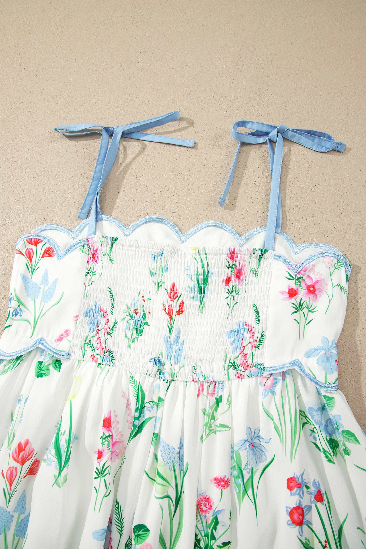 Floral Print Contrast Trim Self-Tie Straps Midi Dress