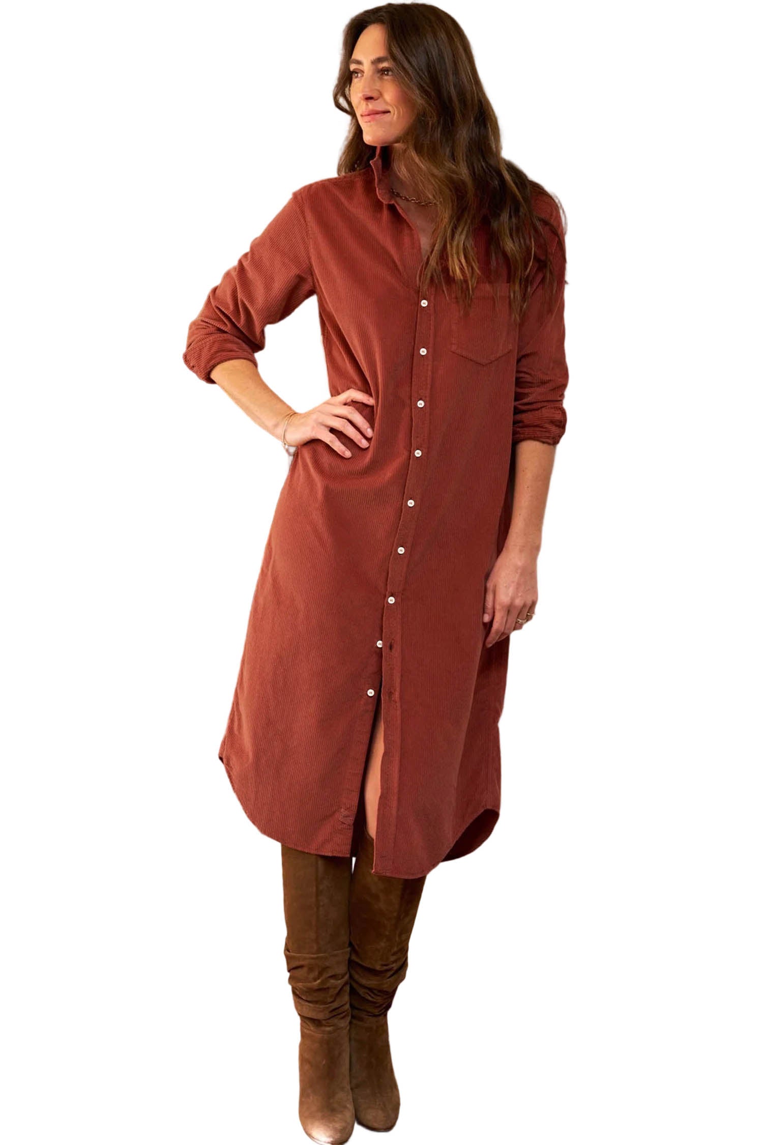 Long Sleeve Button Down Corduroy Midi Length One Piece Dress – Clay