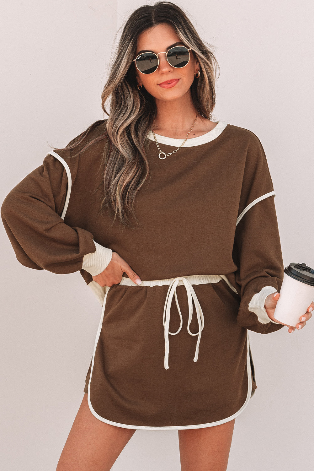 Coffee Colour Contrast Loose Pullover and Lace-up Waist Skort Set eAura