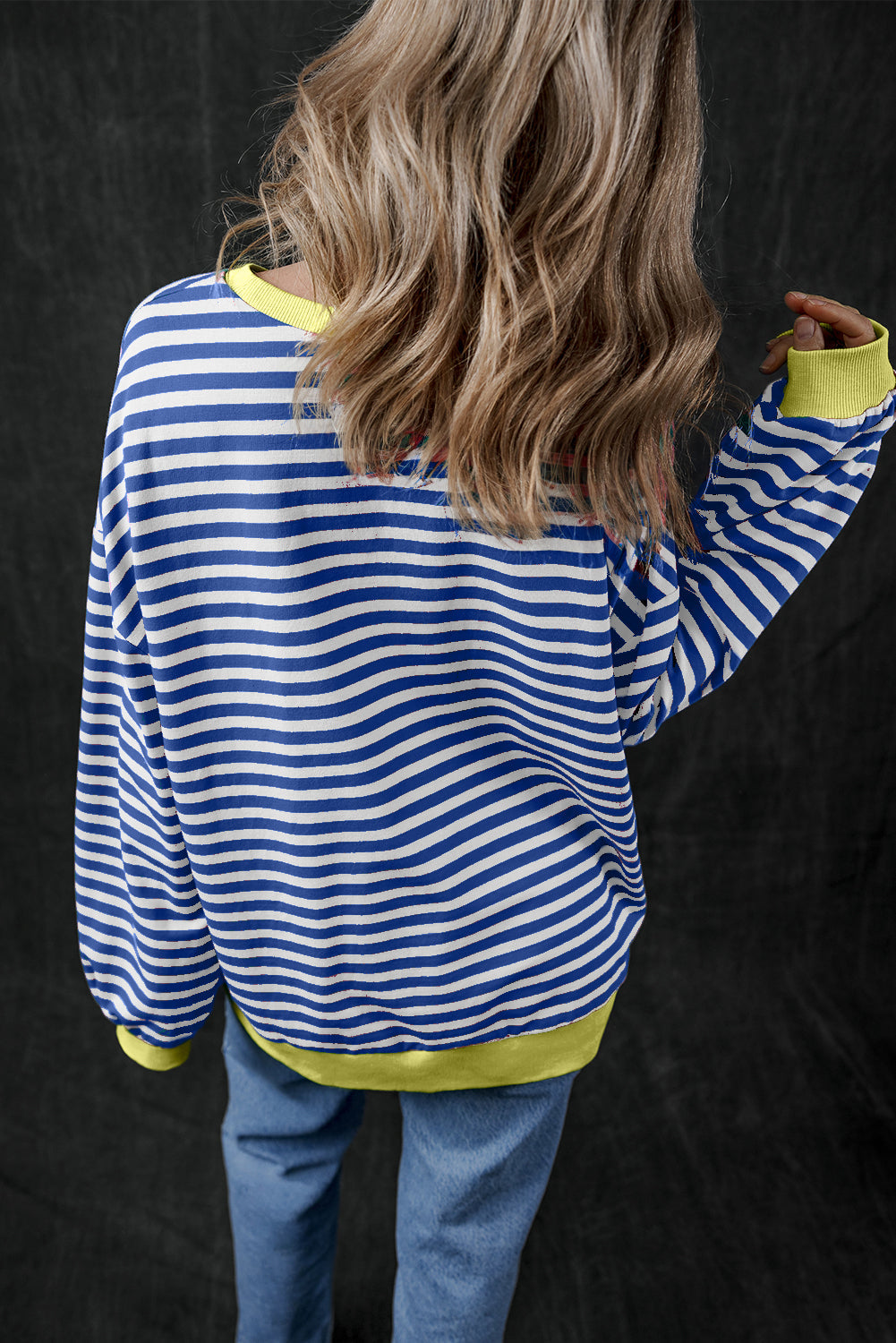 Sky Blue Stripe Oversized Contrast Trim Pullover Sweatshirt BB Fashion Outlet
