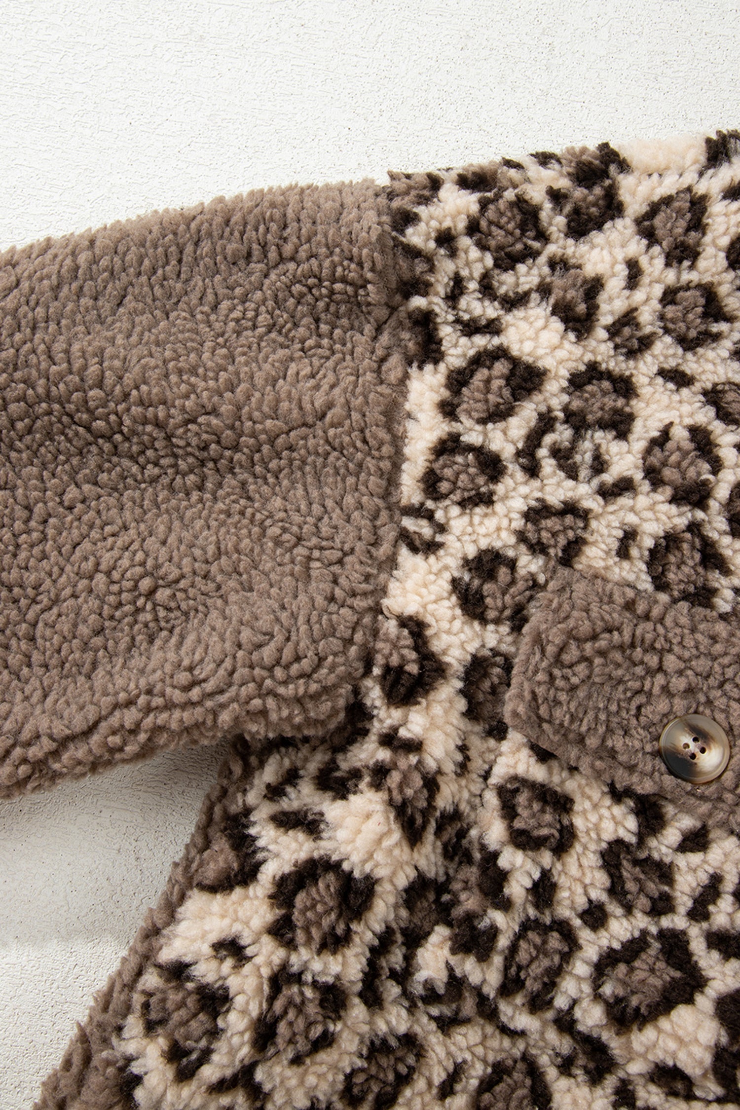 Brown Sherpa Leopard Print Flap Pocket Collared Button Up Jacket - eAura