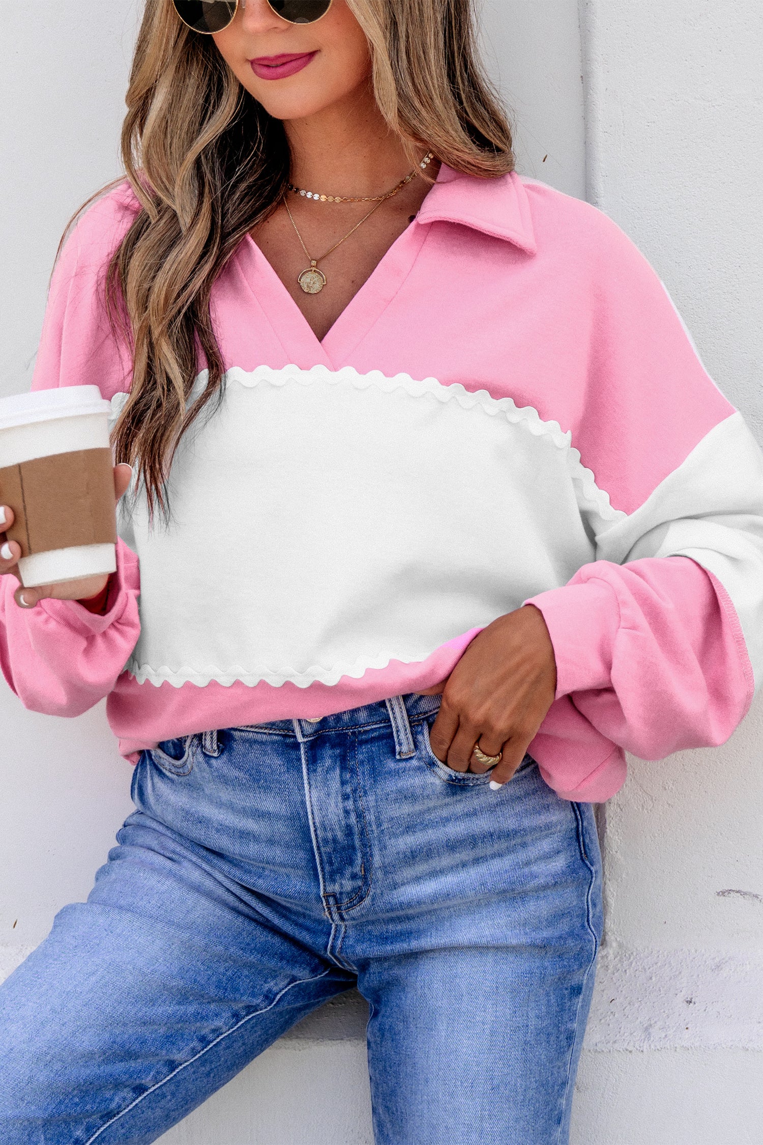 Color Block Ricrac Trim Patchwork Collar V Neck Long Sleeve Top – Rose Red