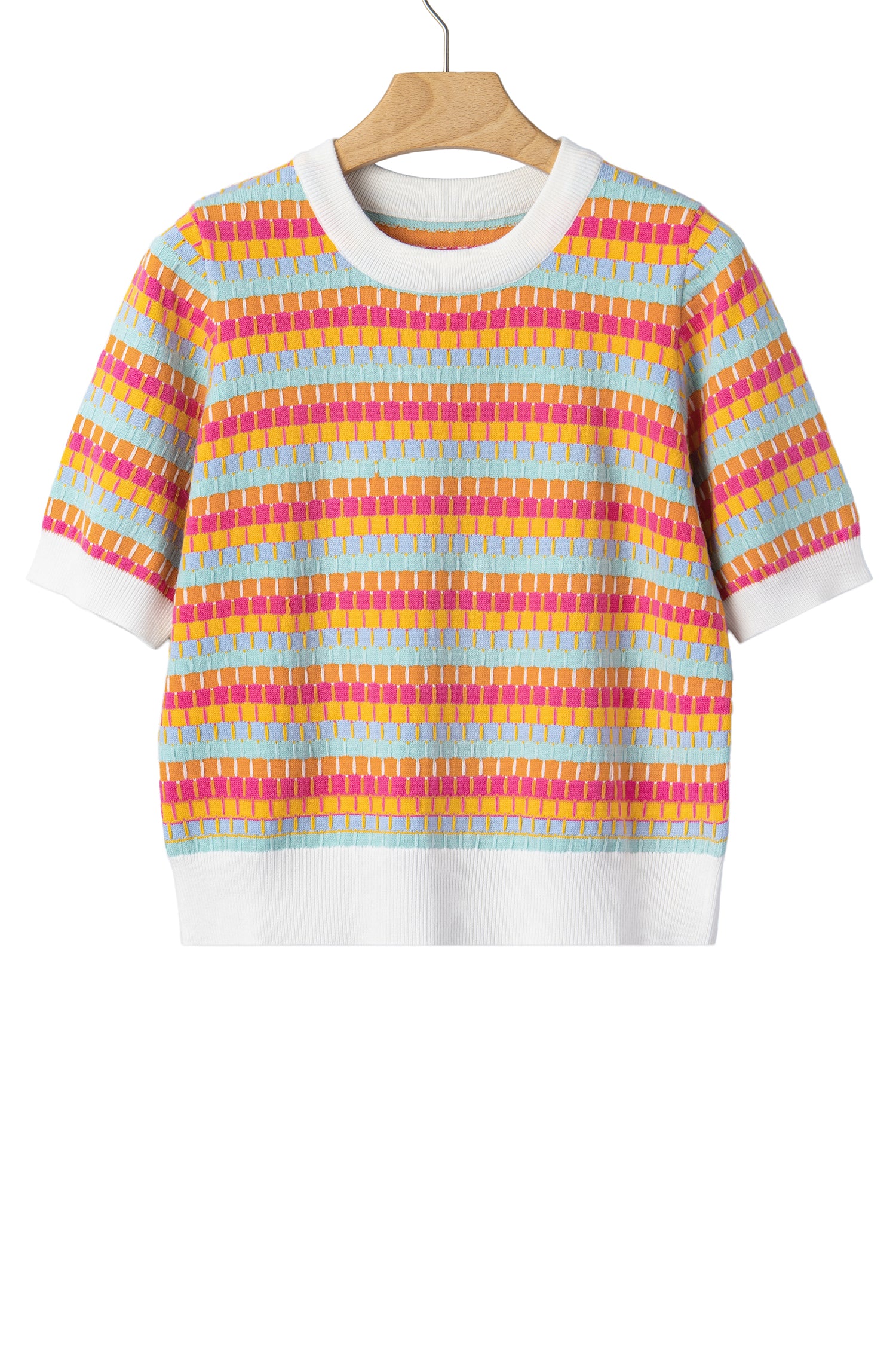 Abstract Striped Knit Short Sleeve Sweater