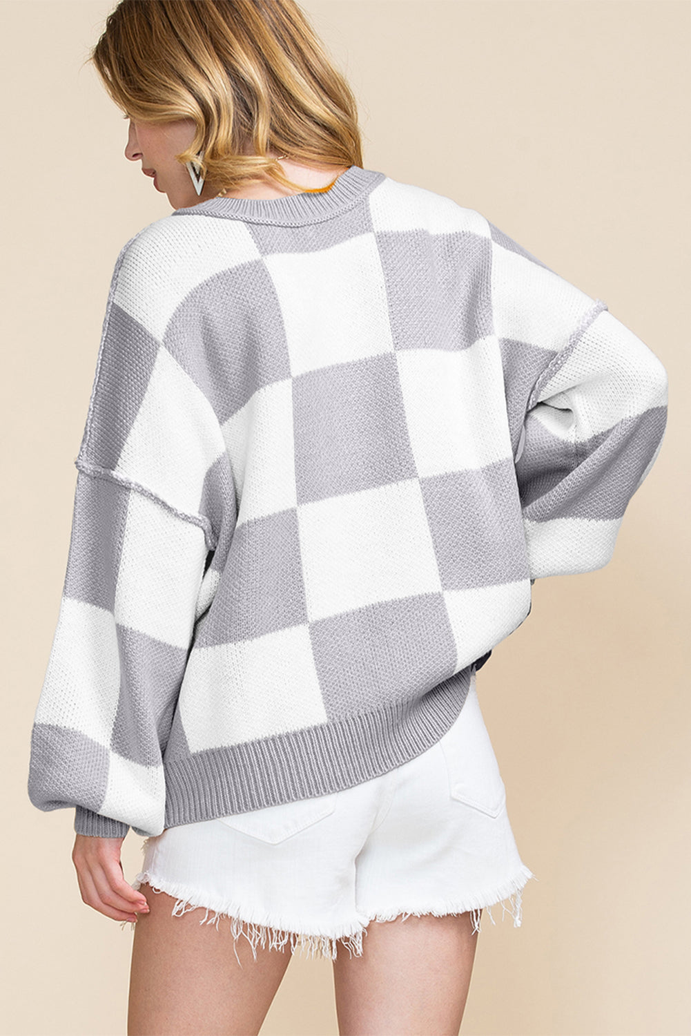 Gray Checkered Bishop Sleeve Sweater eAura