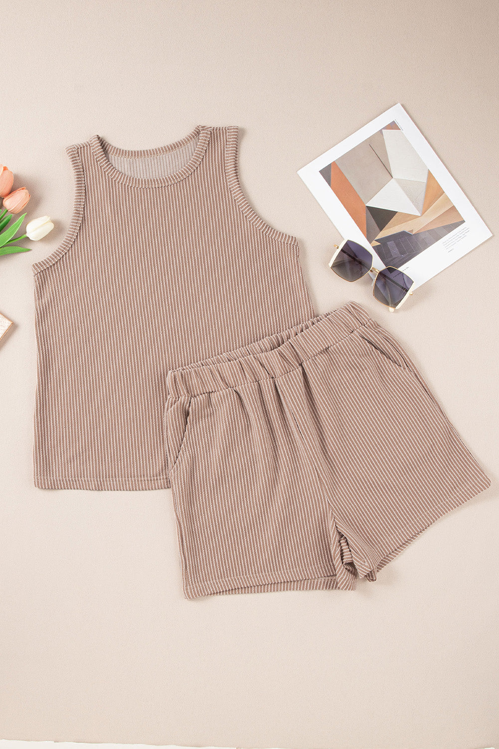 Ribbed Sleeveless Top and Pocketed Shorts Co-ord eAura
