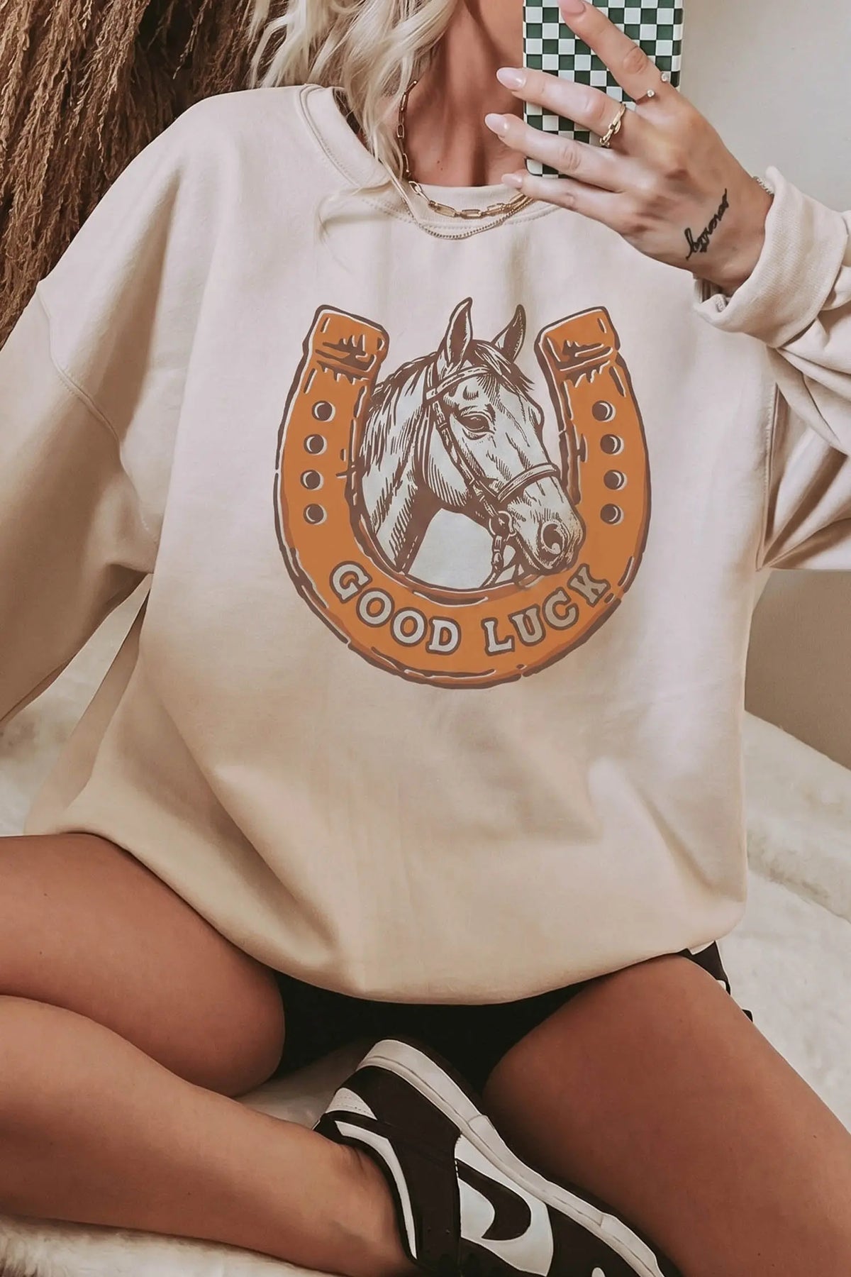GOOD LUCK Western Horse Print Oversized Pullover Sweatshirt – Beige
