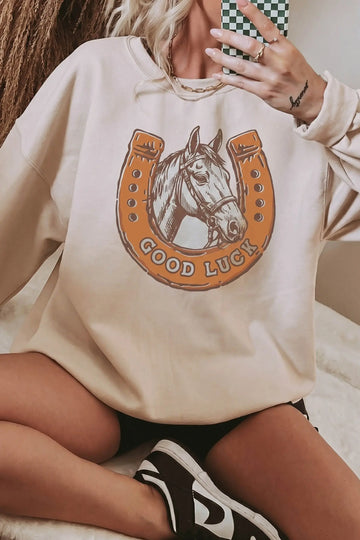 GOOD LUCK Western Horse Print Oversized Pullover Sweatshirt – Beige