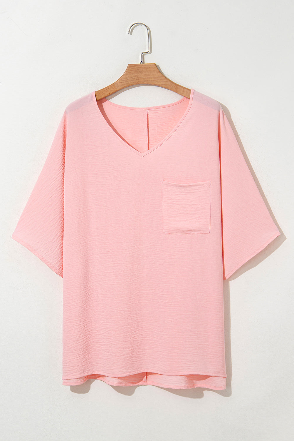 Pink Textured Half Sleeve V Neck Plus Size T Shirt with Chest Pocket BB Fashion Outlet