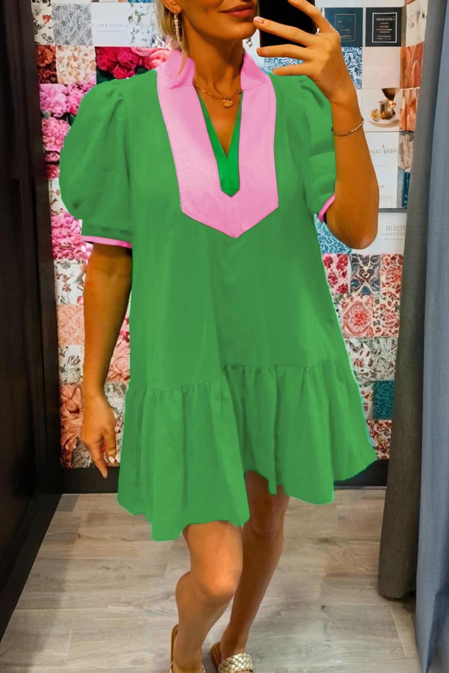 Bright Green Colour Block Detail Split Neck Short Puff Sleeve Ruffle Hem Mini Dress