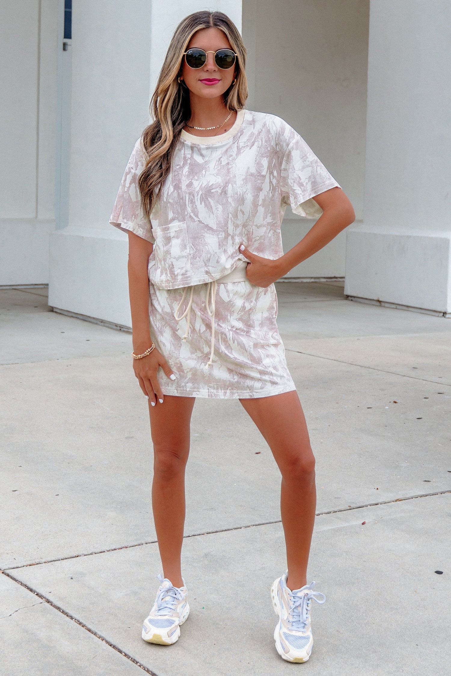 Gray Woodland Camo Print Raw Edge Cropped Top & Skirt Set