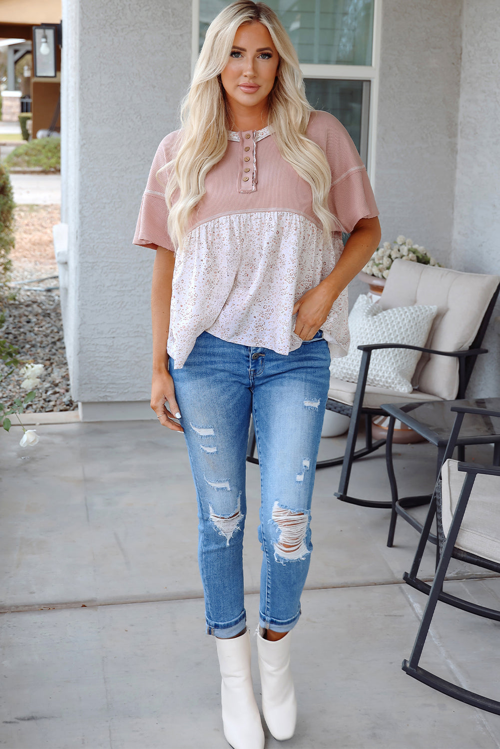 Pink Waffle Floral Patchwork Exposed Seam Detail Short Sleeve Top eAura