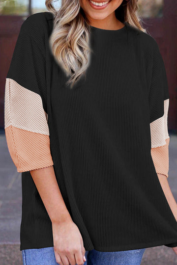 Light Pink Colour Block Ribbed Knit Quarter Sleeve Top - eAura