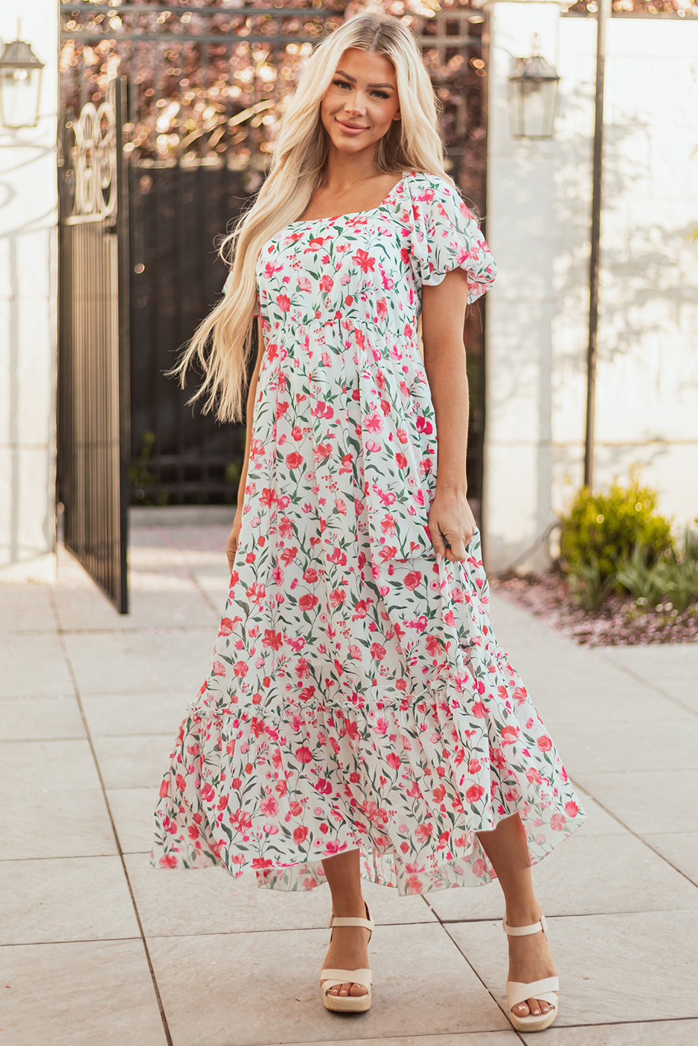 Pink Floral Puff Sleeve Square Neck Empire Waist Tiered Maxi Dress eAura