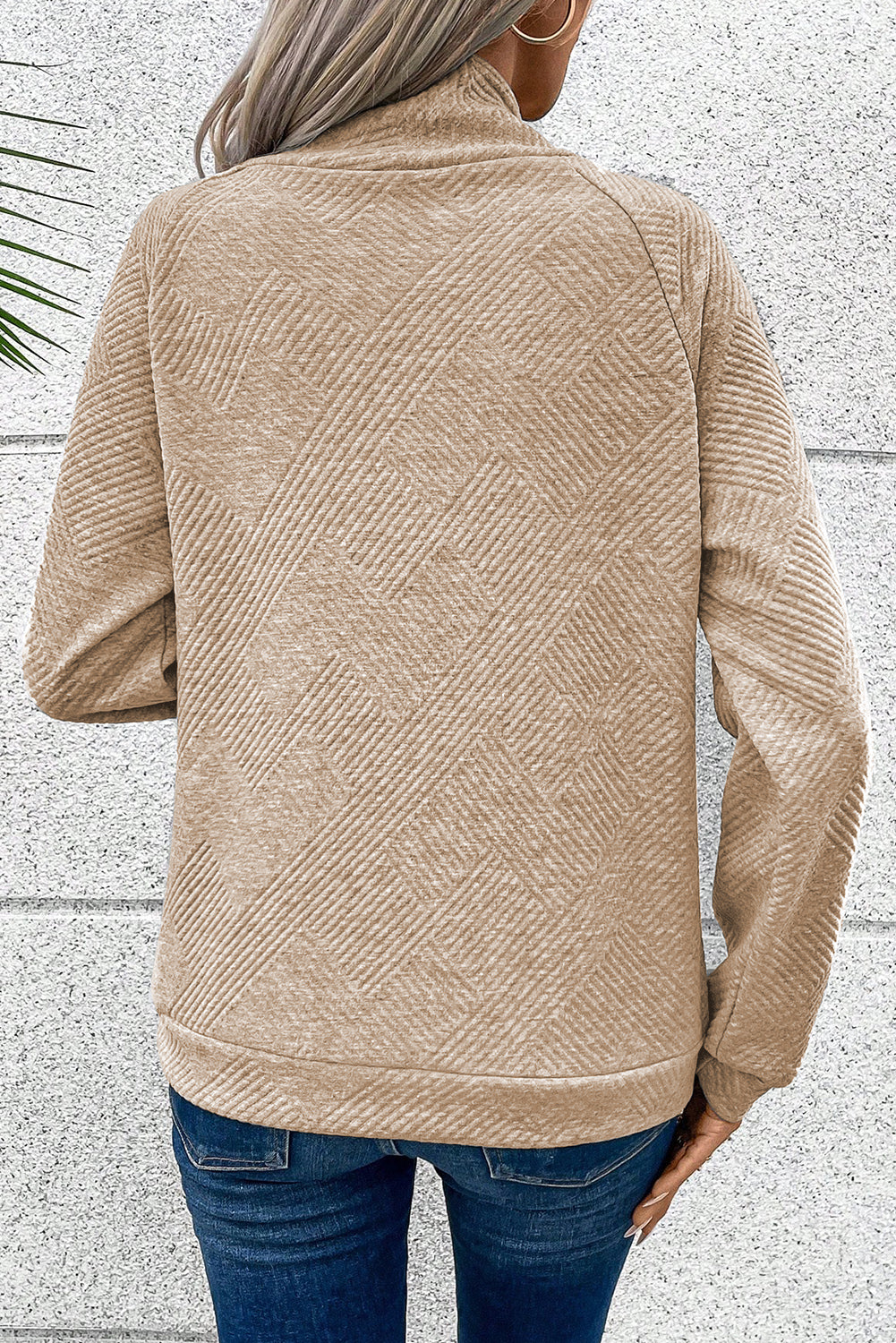 Asymmetric Buttons Detail High Neck Textured Sweatshirt eAura