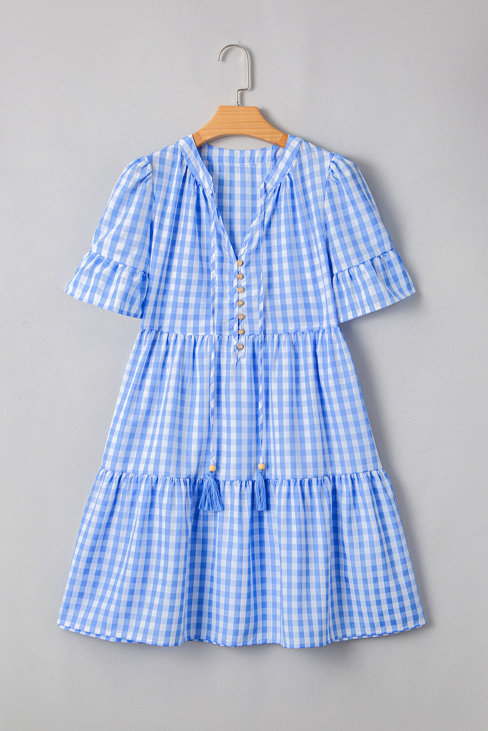 Sky Blue Gingham Short Sleeve Button Tie Split Neck Loose Mini Dress eAura