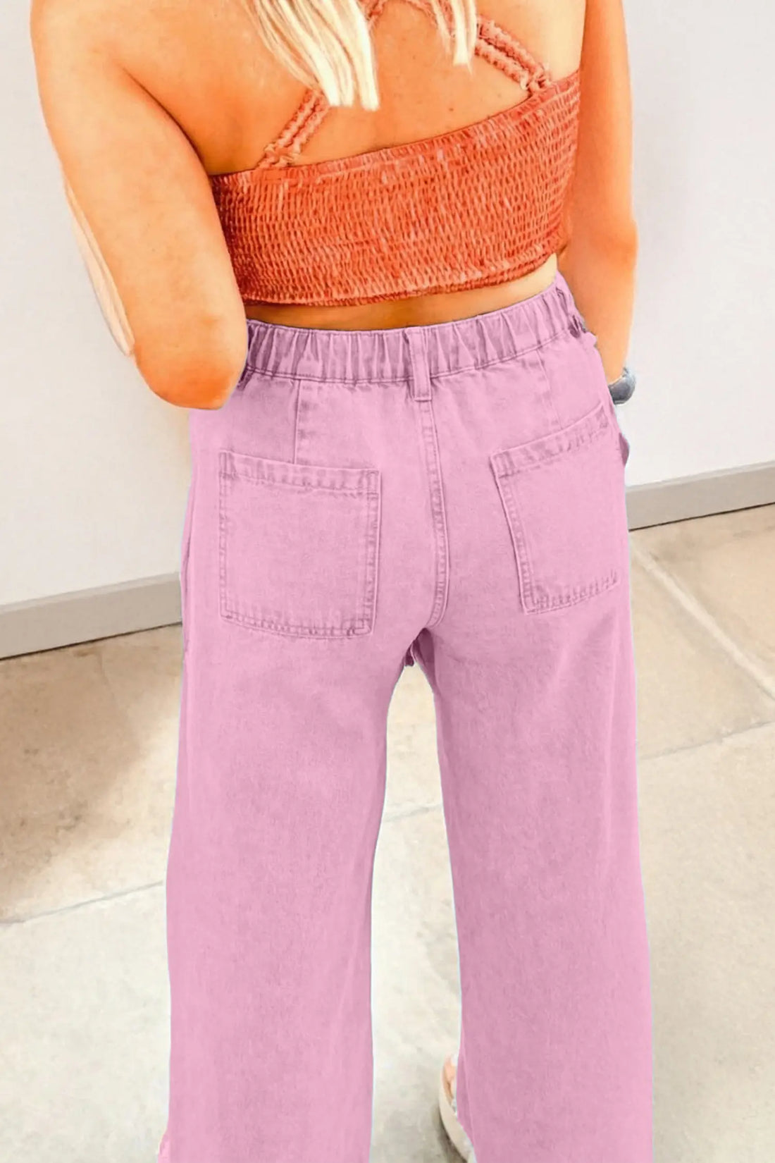 High Waist Rivet Side Detail Wide Leg Split Jeans – Pink