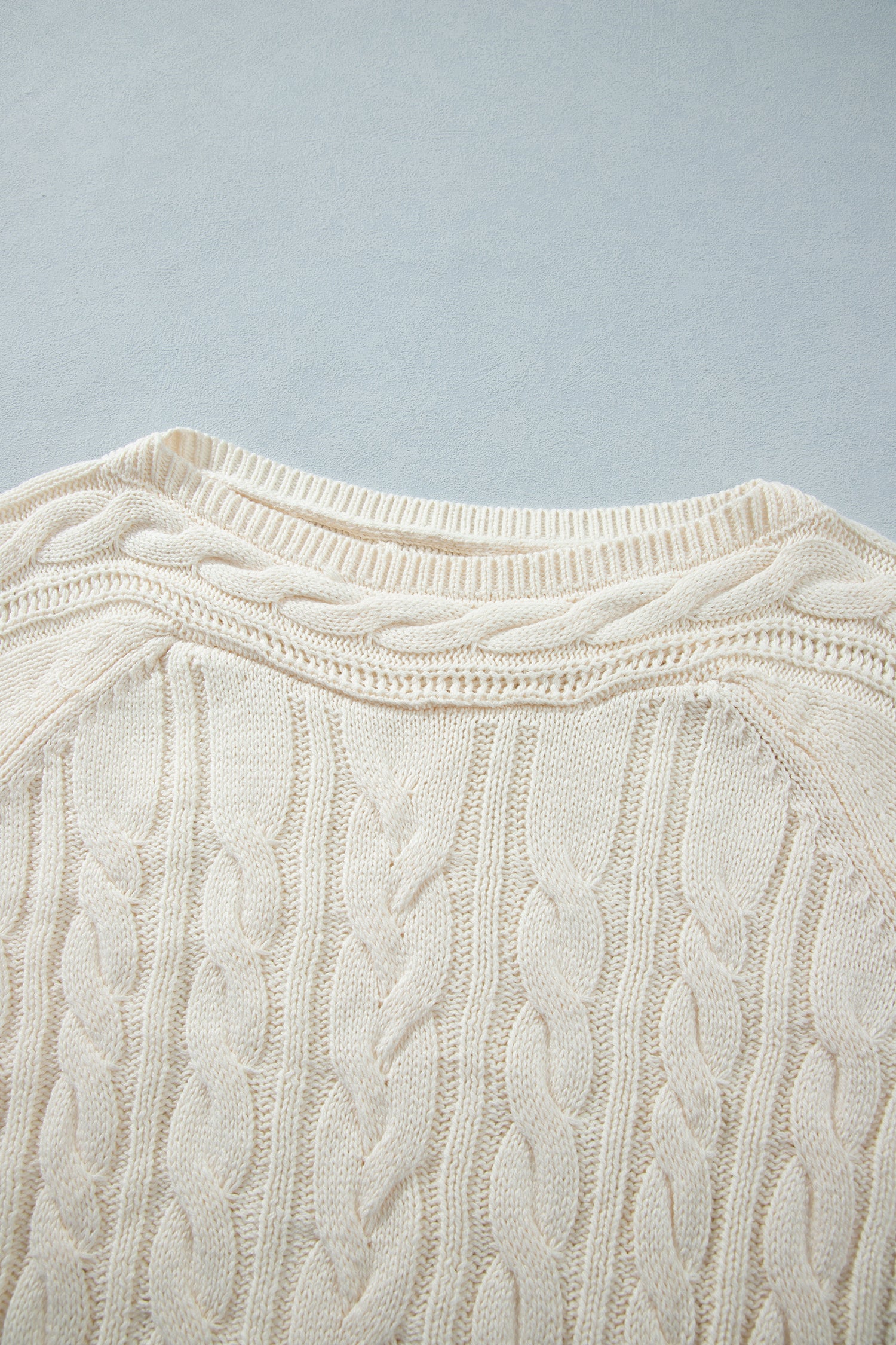 Drop Shoulder Round Neck Cable Knit Sweater – Beige