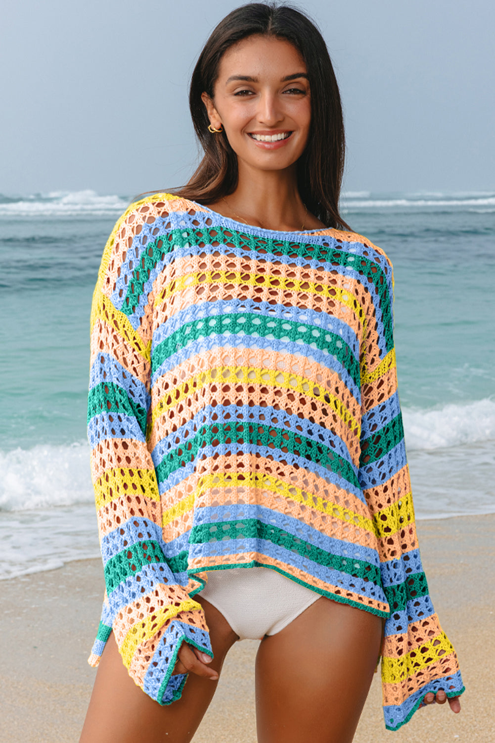 Carrot Multi Stripe Open Knit Sweater Beach Cover Up eAura
