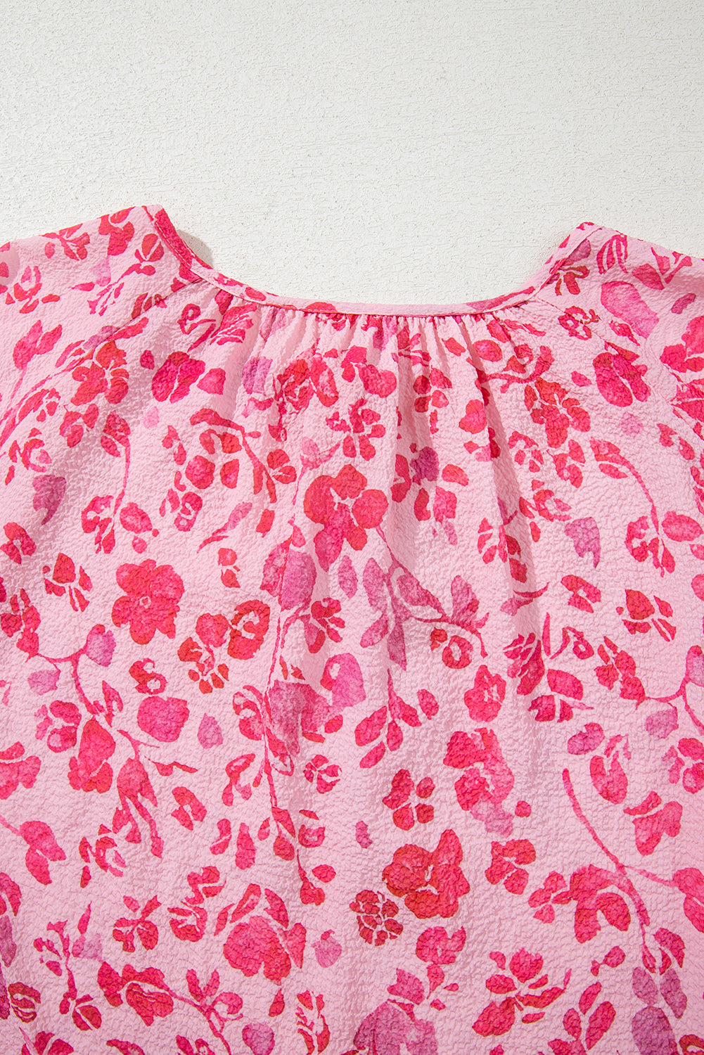 Pink Floral Puff Sleeve Split Neck Lightweight Blouse - eAura