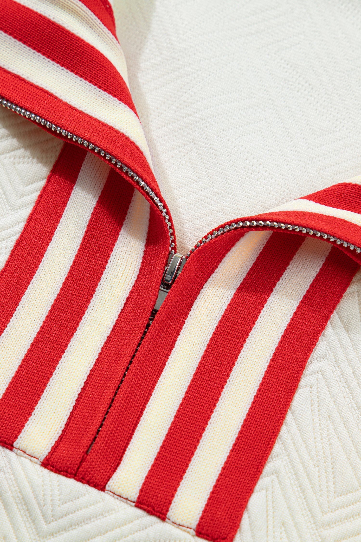 Textured Contrast Striped Accent Zip Collar Pullover Top - eAura