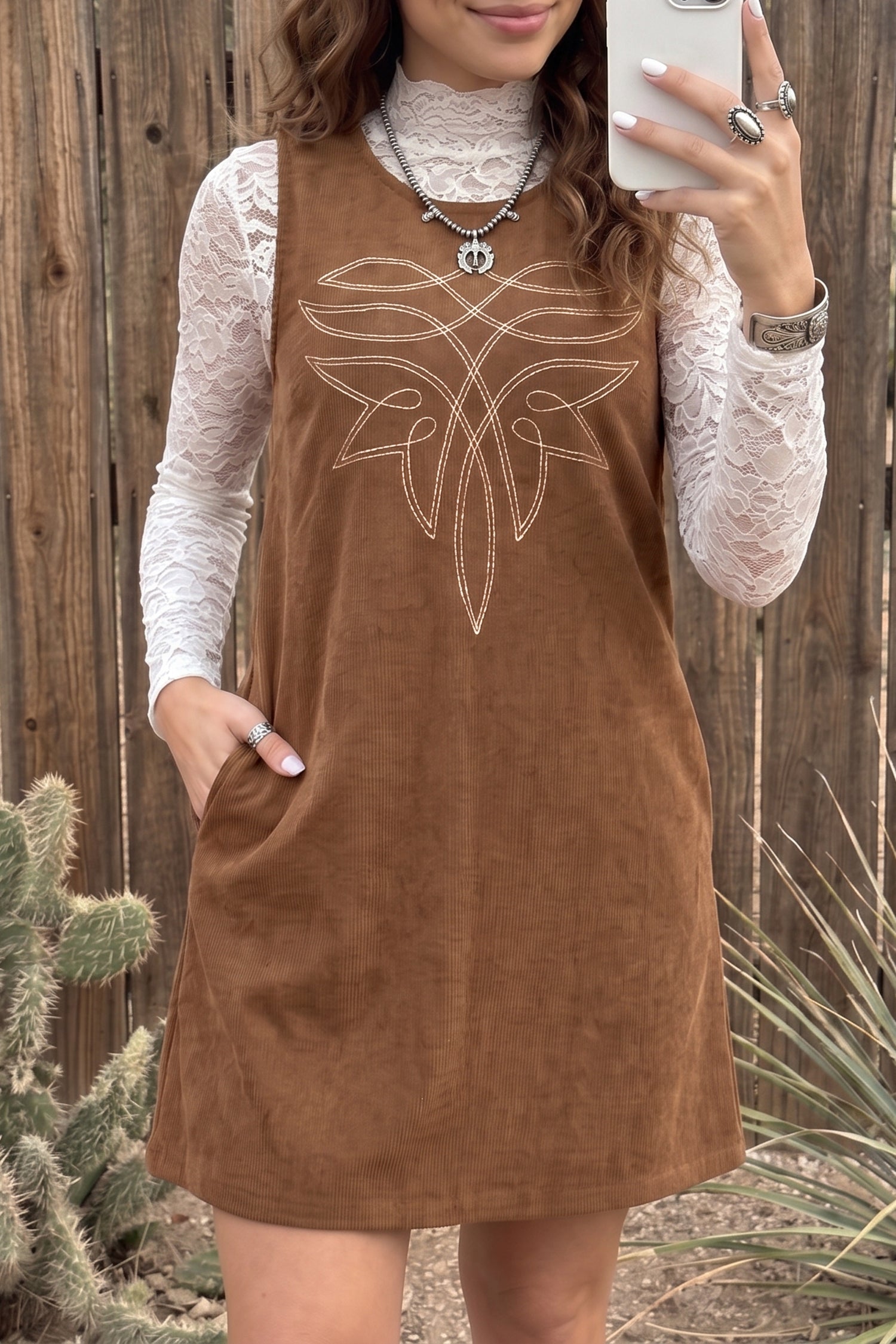 Geometric Embroidery Sleeveless Corduroy Shift Dress – Coffee