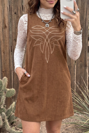 Geometric Embroidery Sleeveless Corduroy Shift Dress – Coffee