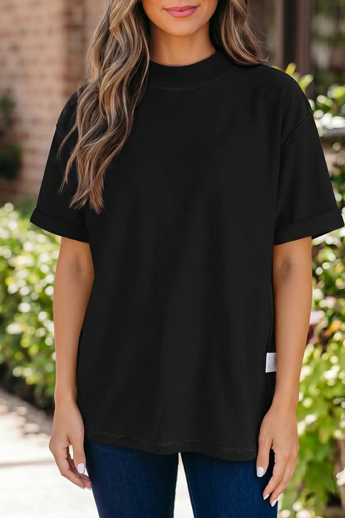 Solid Colour High Neck Oversize Tee – Wisteria