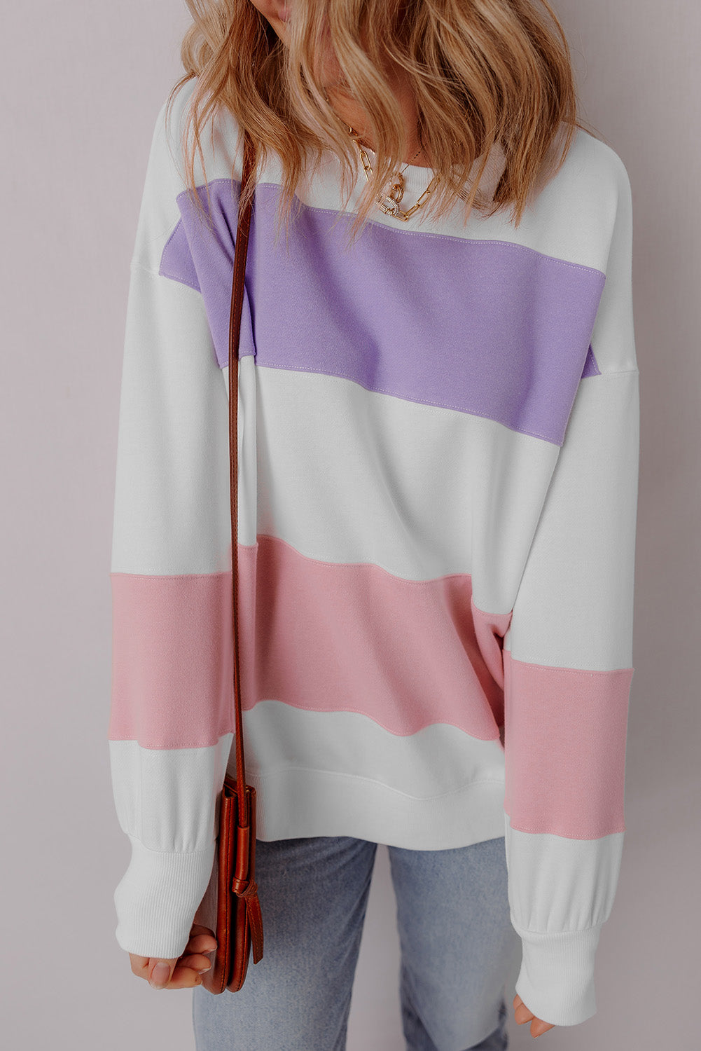 Beige Colourblock Patchwork Drop Shoulder Crewneck Sweatshirt eAura