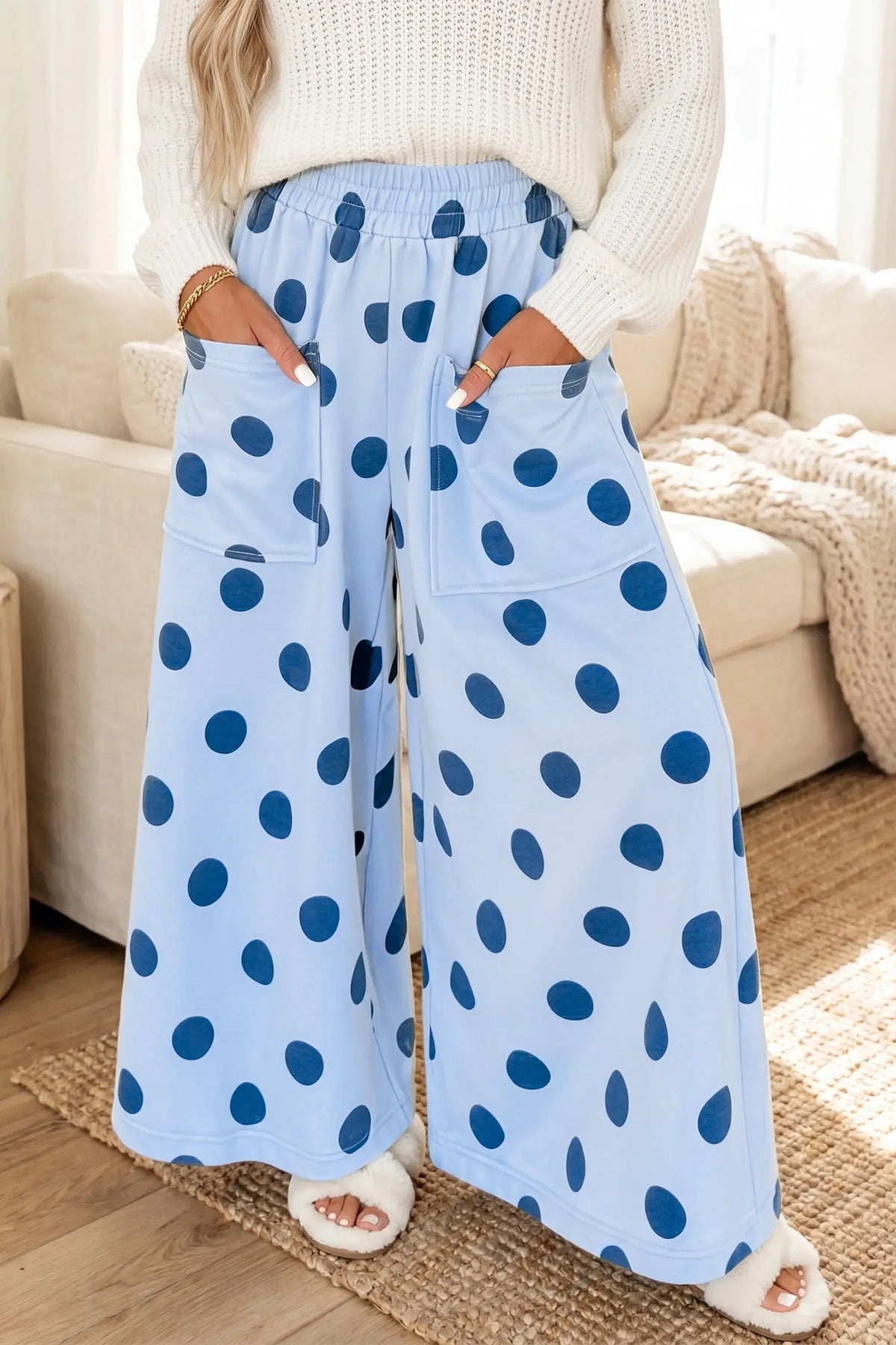 Sky Blue Polka Dot Wide Leg Elastic Waist Casual Pants – Light Blue
