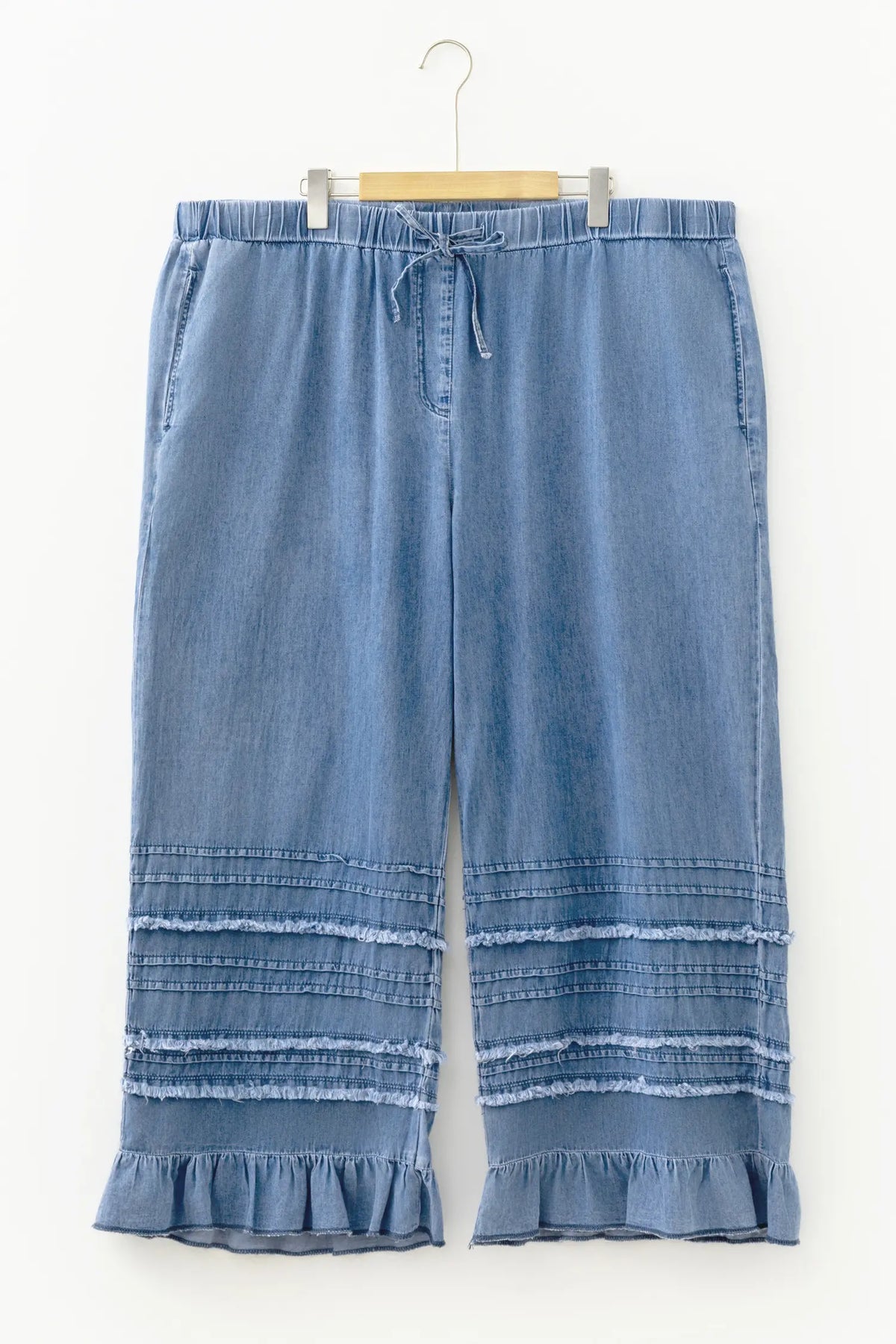Tiered Raw Edge Ruffled Plus Size Wide Leg Denim Pants – Dusk Blue