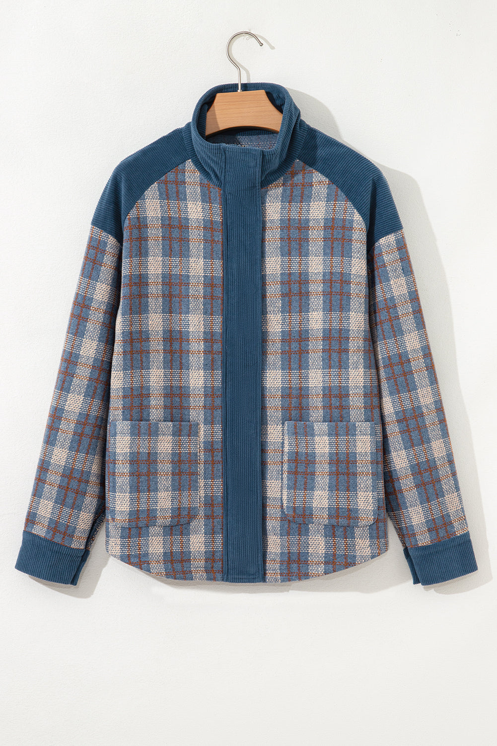 Plaid Soft Corduroy Patchwork Collared Zip-Up Snap Button Jacket - eAura