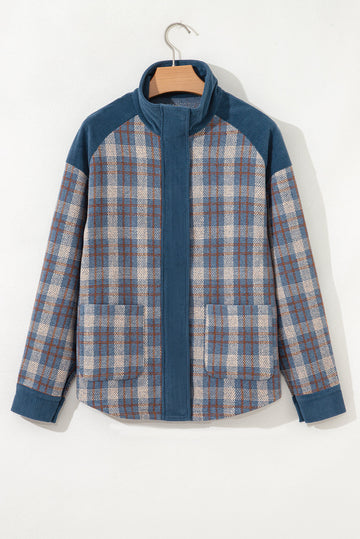 Plaid Soft Corduroy Patchwork Collared Zip-Up Snap Button Jacket - Outerwear/Plaid Shackets