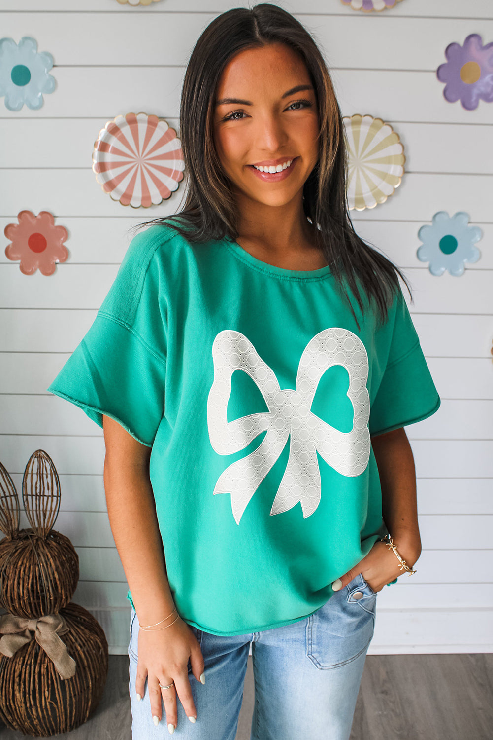 Bow Raw Edge Drop Shoulder Casual T Shirt eAura