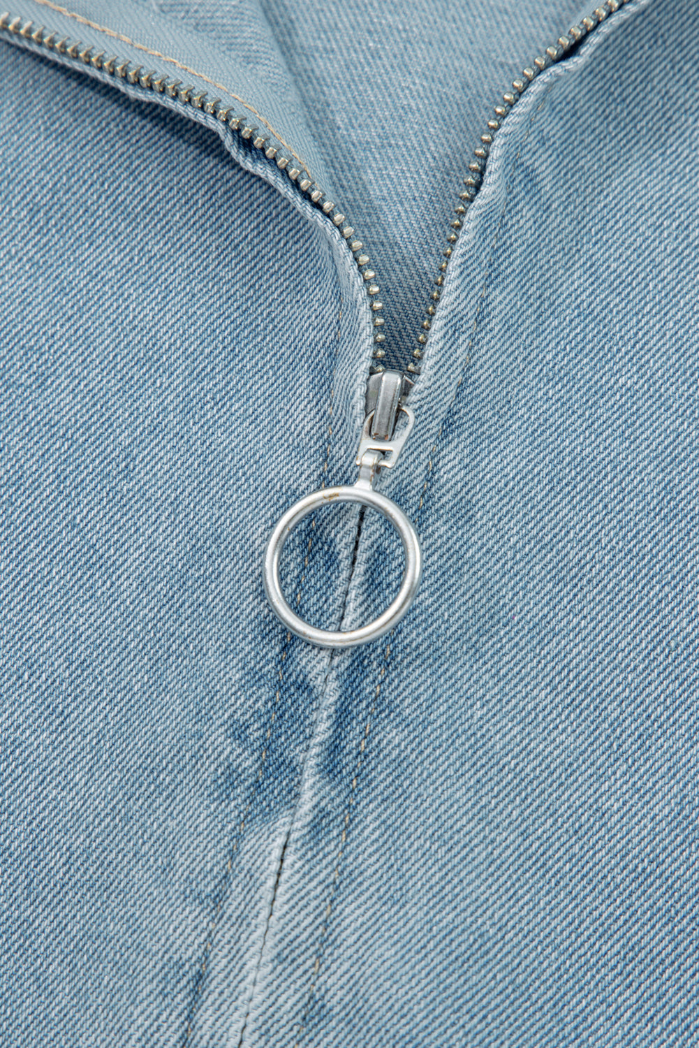 Blue Elastic Edge Collared Zip Up Denim Jacket With Pocket eAura