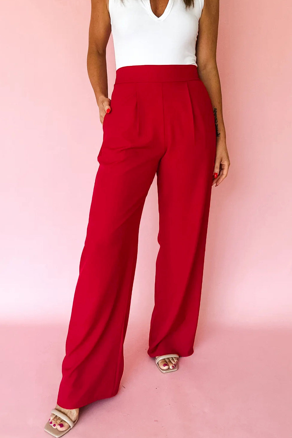 Pleated Detail Elastic High Waist Straight Trousers - eAura