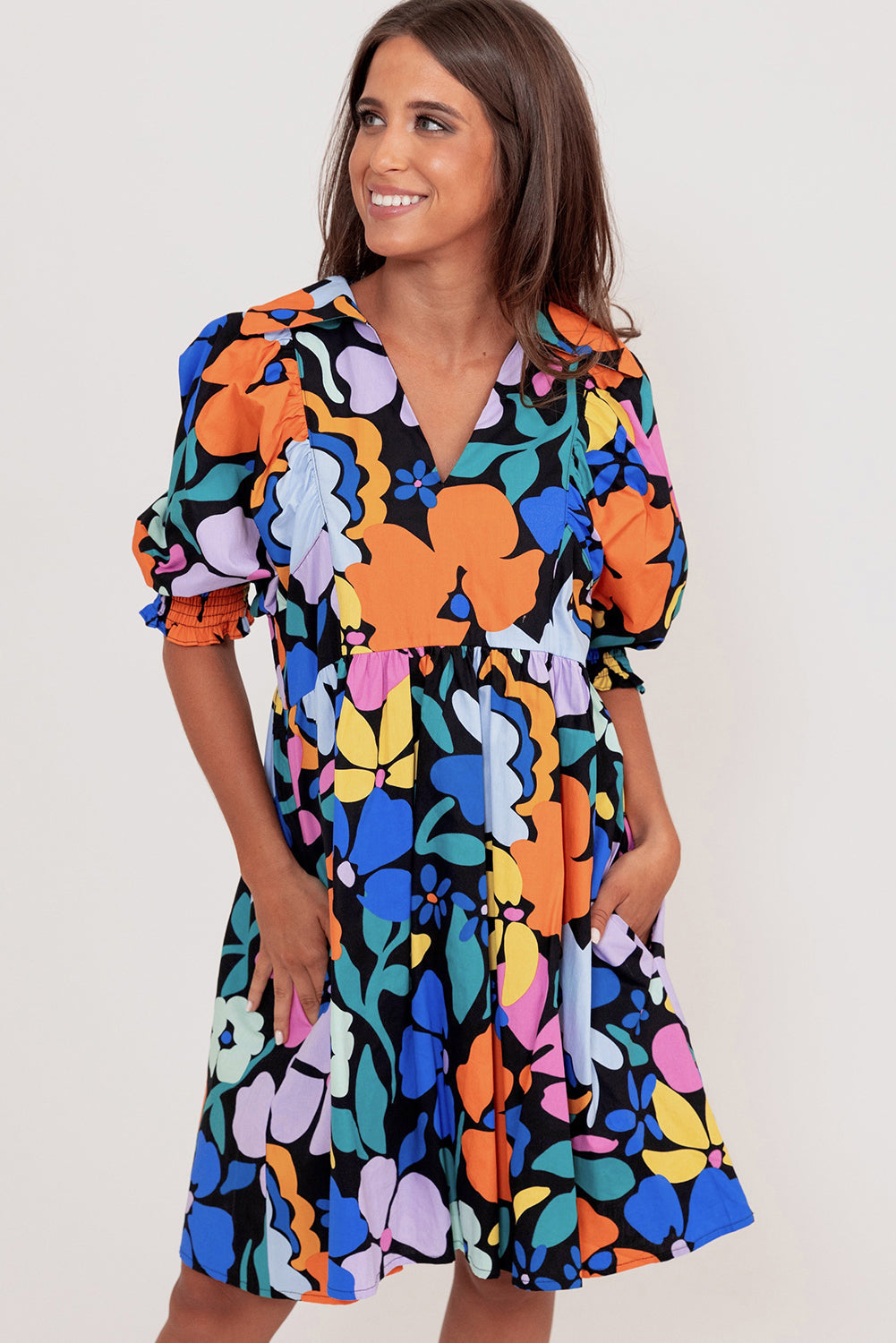 Blue Collared Split Neck Floral Flared Dress BB Fashion Outlet