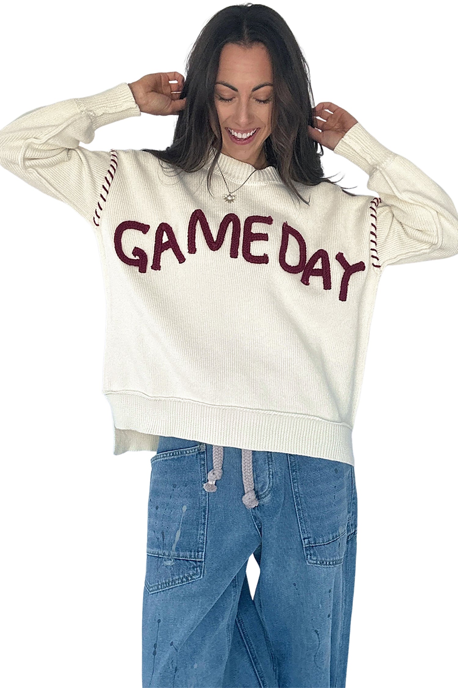 Drop Shoulder Game Day Letter Print Pullover Sweater – Beige