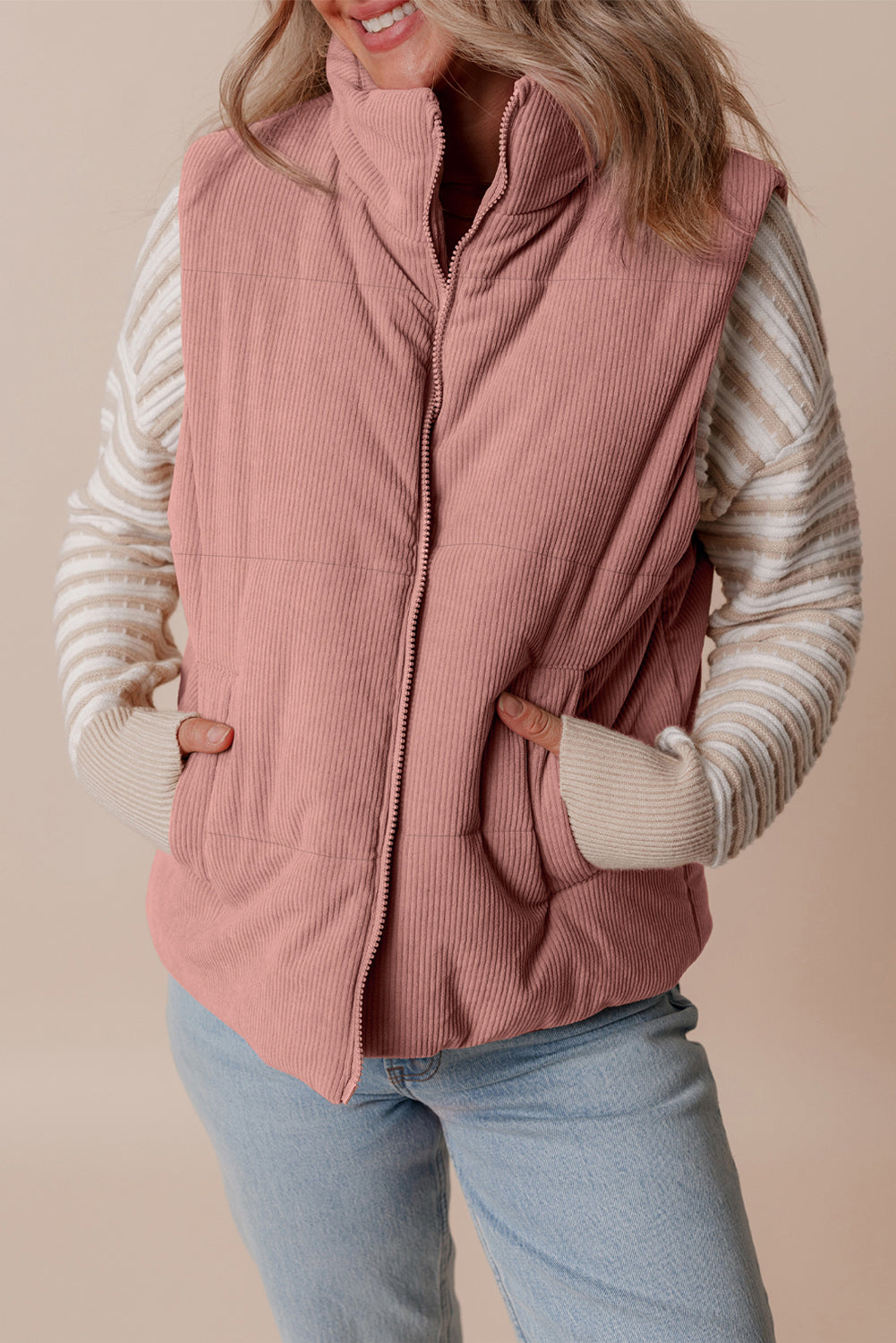 Pink Cord Stand Neck Zipped Puffer Gilet eAura