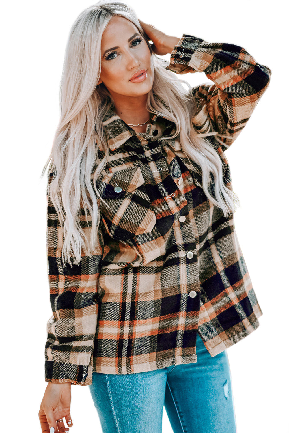 Geometric Plaid Print Pocketed Shacket eAura