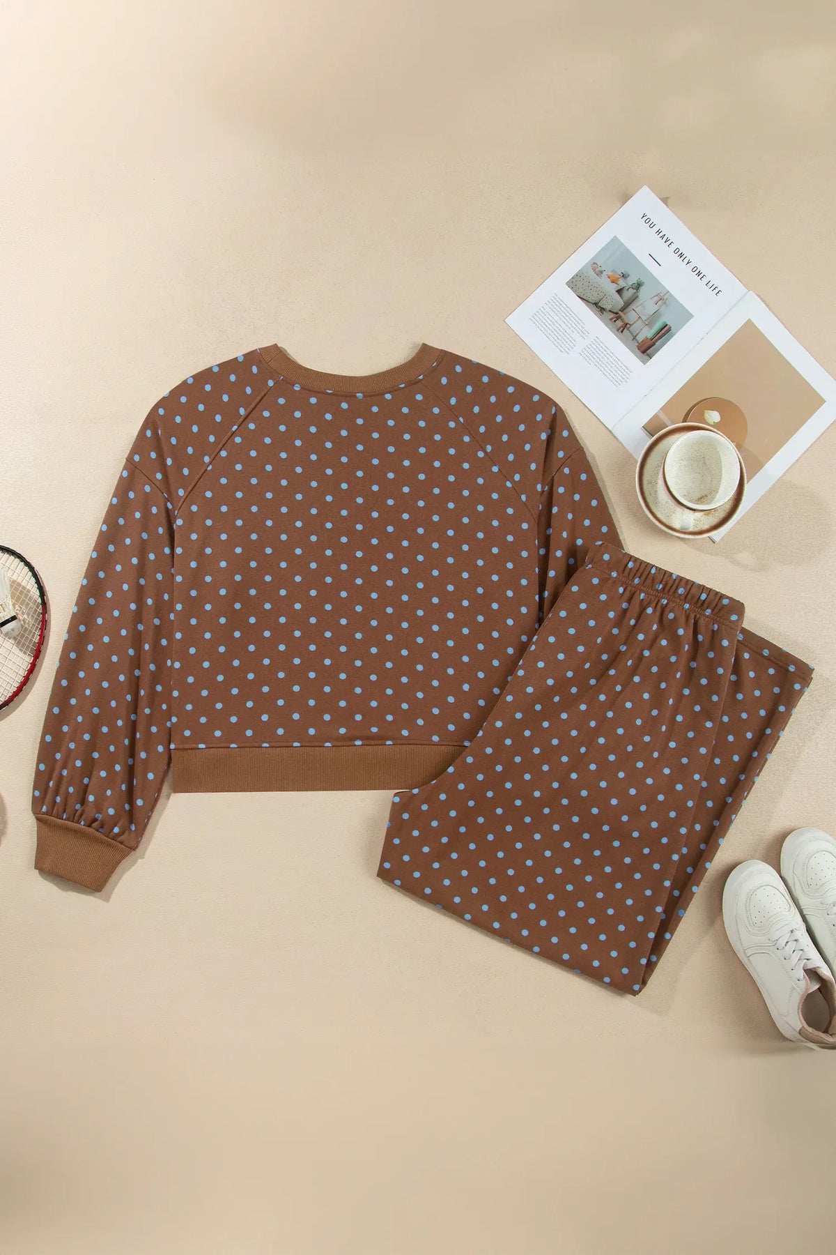 Polka Dot Round Neck Long Sleeve Plus Size Set – Brown