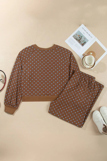 Polka Dot Round Neck Long Sleeve Plus Size Set – Brown