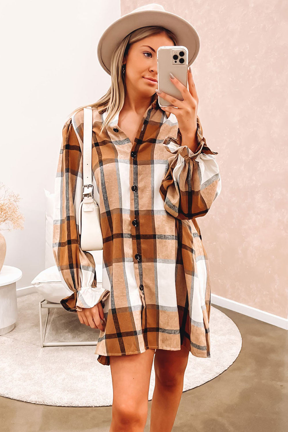 Khaki Plaid Pattern Collared Neck Ruffled Sleeve Shirt Dress eAura