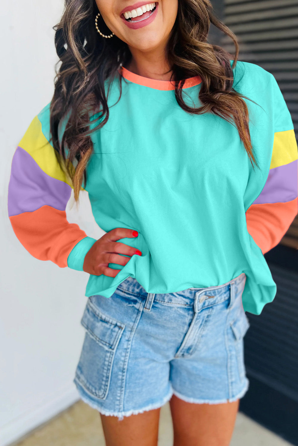 Dark Blue Colourblock Patchwork Long Sleeve Loose Top eAura