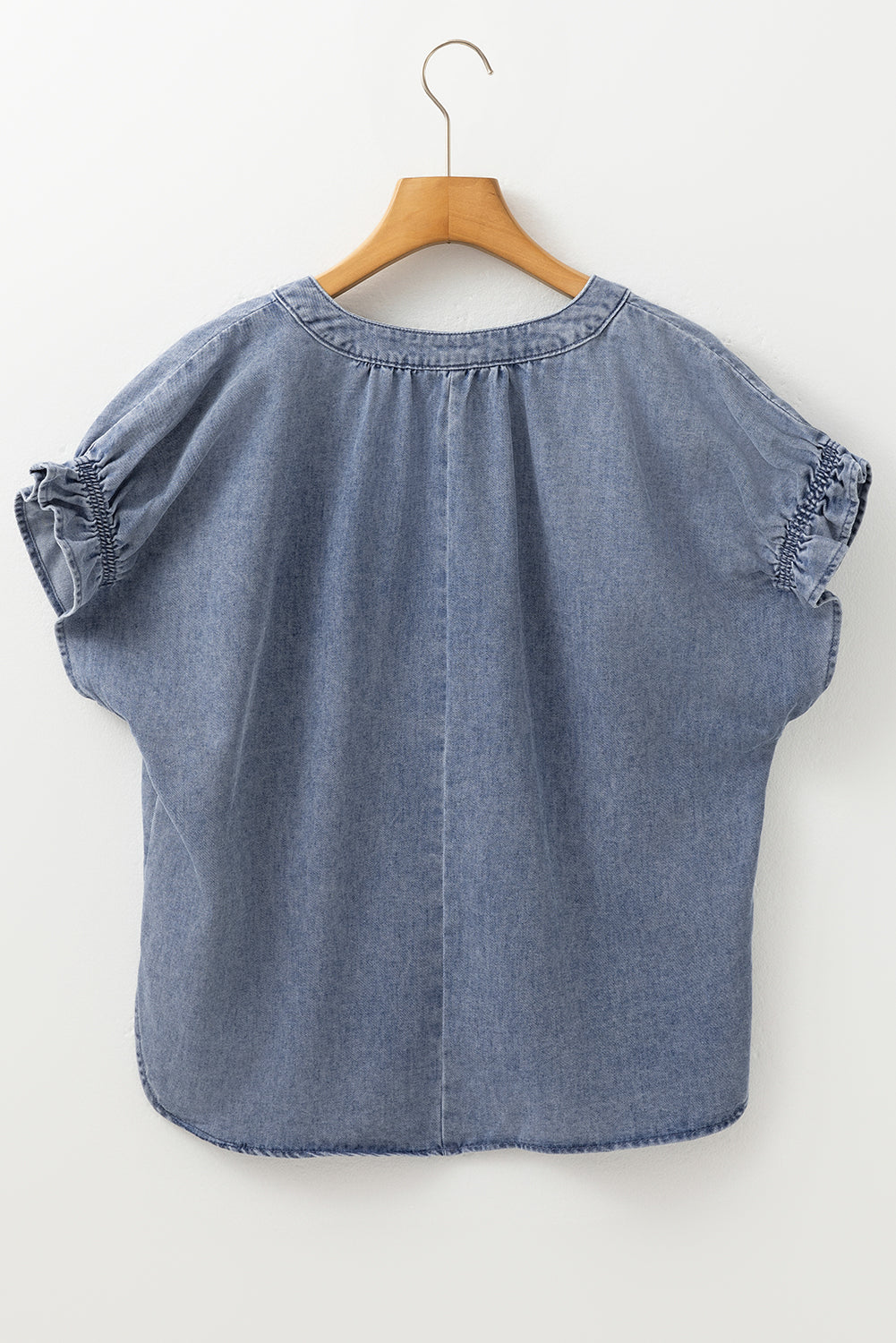 Dusk Blue V Neck Ruffled Short Puff Sleeve Denim Top - eAura