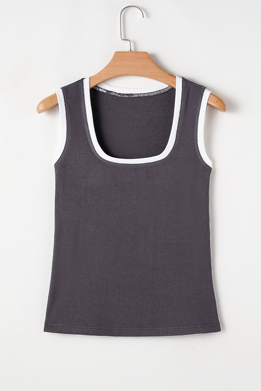 Carbon Grey Ribbed Knit Colourblock Edge U Neck Slim Fit Tank Top eAura