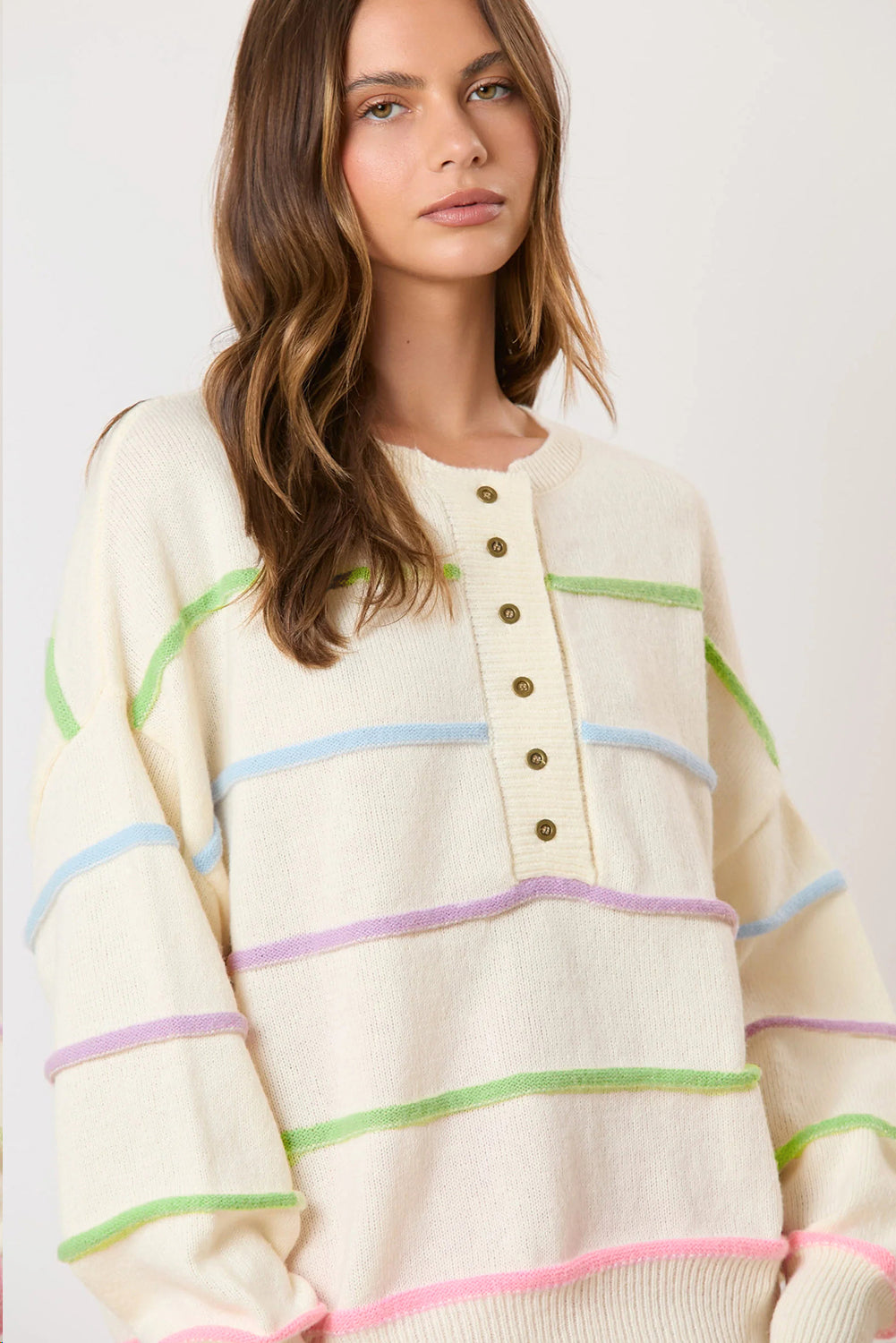 White Rainbow Stripes Drop Shoulder Baggy Henley Sweater eAura